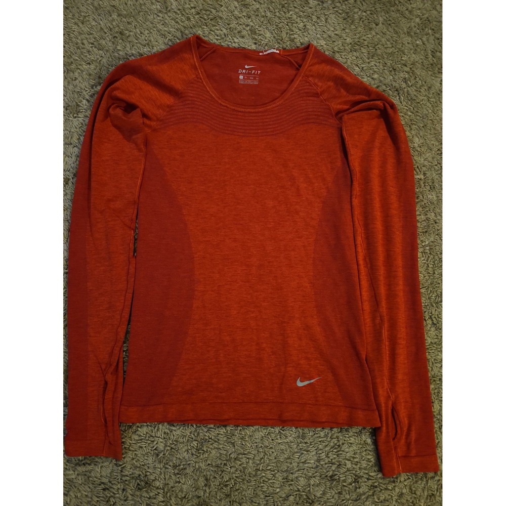Nike Dri-FIT Long Sleeve Running Shirt Womens XS Red Athletic Thumb Holes